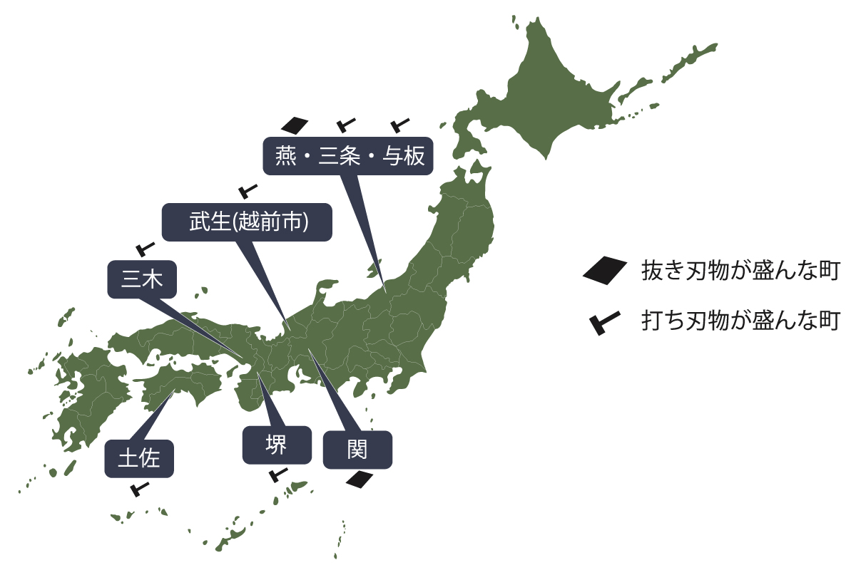 日本各地の包丁の産地